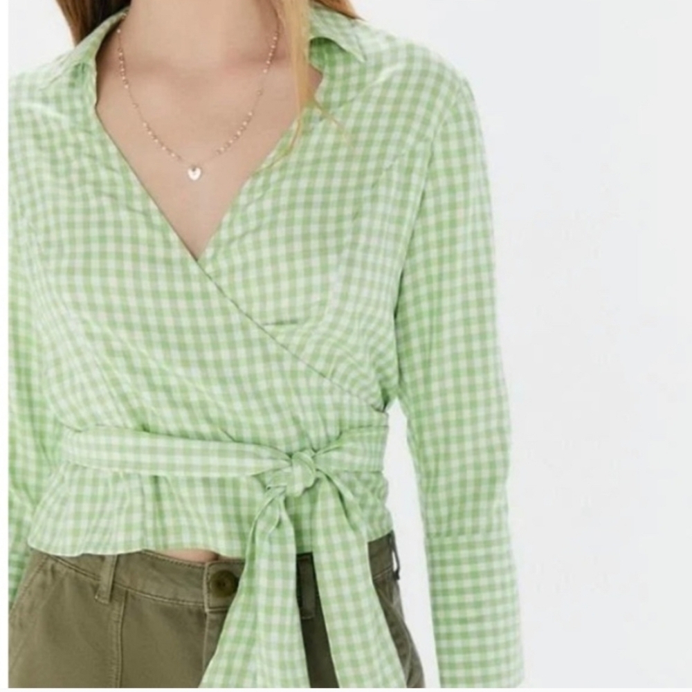 Urban Outfitters Green Gingham Wrap Tie Cropped Top Large